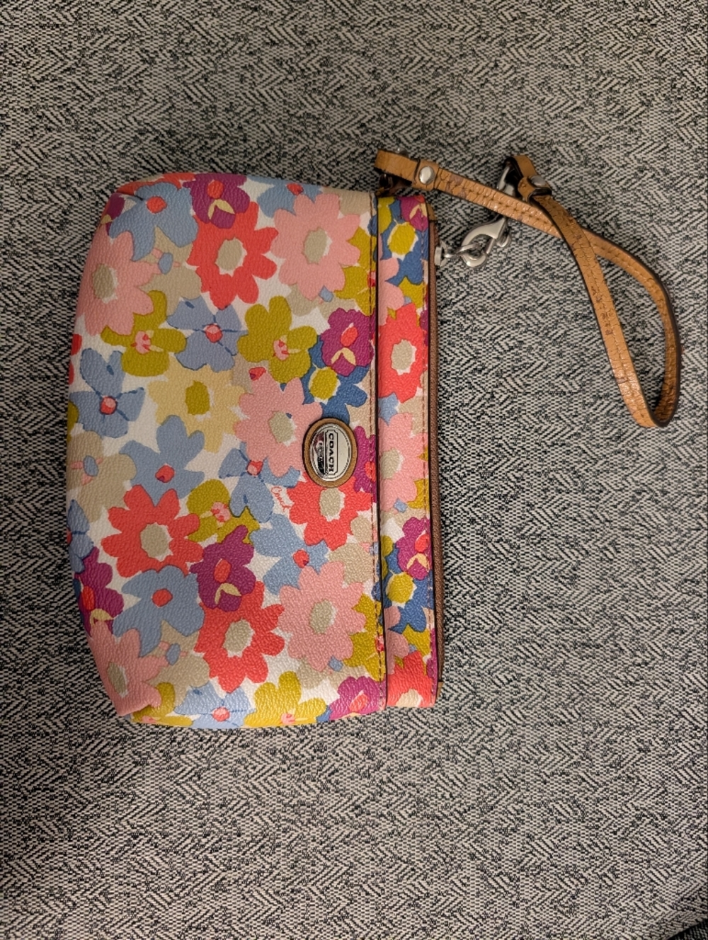 COACH Floral Print Wristlet Clutch in Pink, Coral, Blue & Green